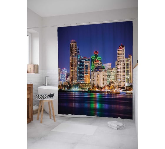 Штора (занавеска) для ванной JoyArty "Ослепительный город" из сатена, 180х200 см с крючками, sc_11257