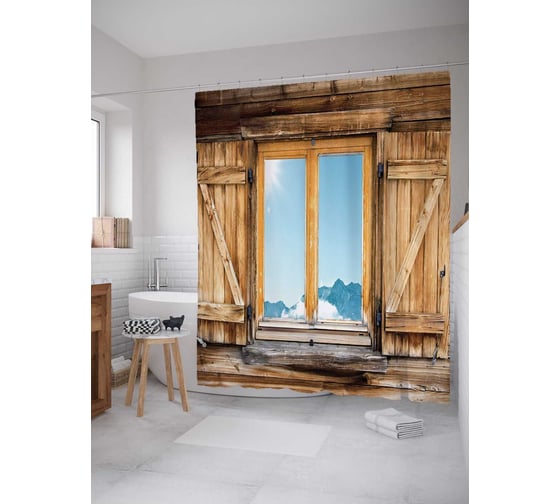 Штора (занавеска) для ванной JoyArty "Деревянные ставни" из сатена, 180х200 см с крючками, sc_18003 1
