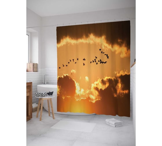 Штора (занавеска) для ванной JoyArty "Птицы за облаками" из сатена, 180х200 см с крючками, sc_16700 1