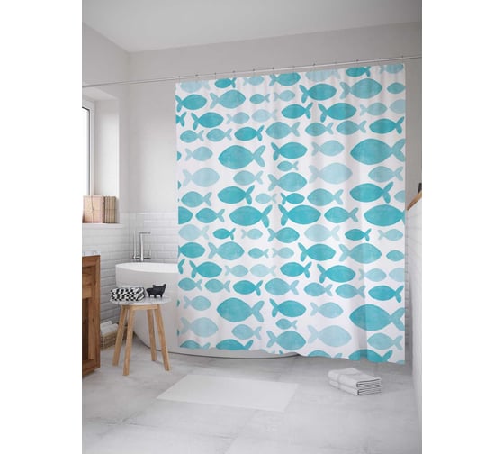 Штора (занавеска) для ванной JoyArty "Рыбный поток" из сатена, 180х200 см с крючками, sc_20584 1