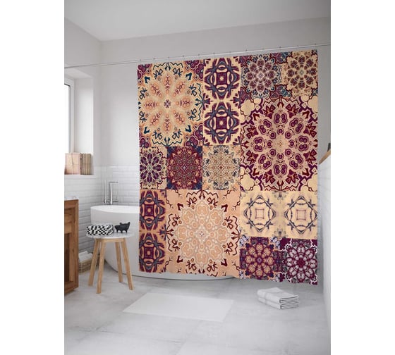 Штора (занавеска) для ванной JoyArty "Плитка с цветочными узорами" из сатена, 180х200 см с крючками, sc_17027 1