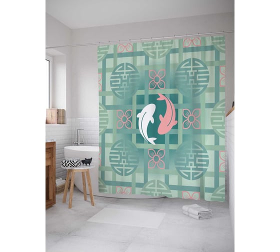 Штора (занавеска) для ванной JoyArty "Инь янь рыбы" из сатена, 180х200 см с крючками, sc_17869 1
