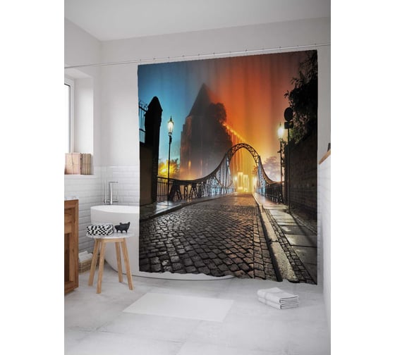 Штора (занавеска) для ванной JoyArty "Кривая мостовая арка" из сатена, 180х200 см с крючками, sc_16760 1
