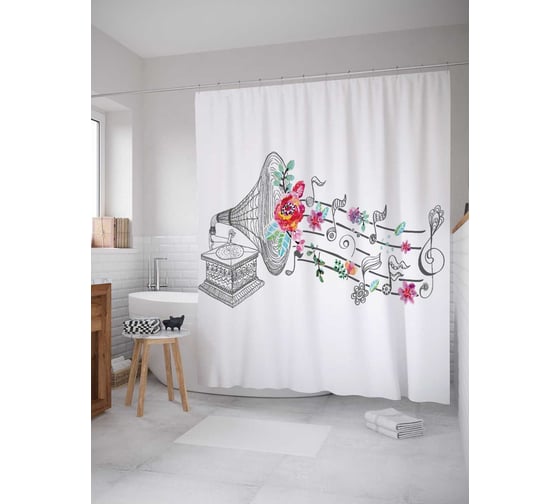 Штора (занавеска) для ванной JoyArty "Музыкальный граммофон" из сатена, 180х200 см с крючками, sc_12689