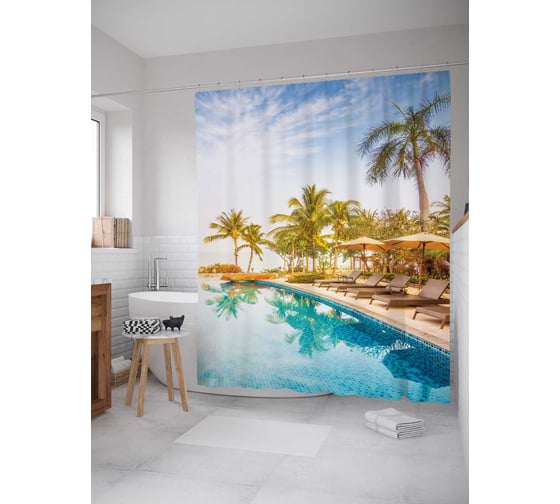 Штора (занавеска) для ванной JoyArty "Курорт в отеле" из сатена, 180х200 см с крючками, sc_16520 1