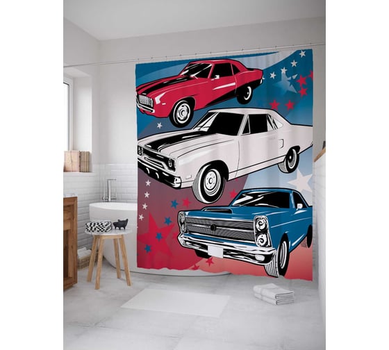 Штора (занавеска) для ванной JoyArty "Любимые американские авто" из сатена, 180х200 см с крючками, sc_18213 1