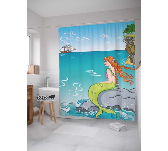 Штора (занавеска) для ванной JoyArty "Наблюдающая русалка" из сатена, 180х200 см с крючками, sc_12837 1
