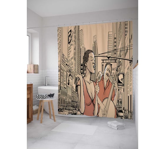 Штора (занавеска) для ванной JoyArty "Джазовая Певица Гитарист" из сатена, 180х200 см с крючками, sc_16682 1