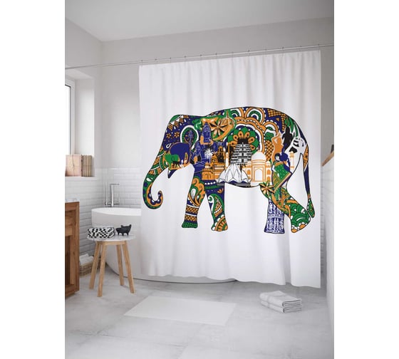 Штора (занавеска) для ванной JoyArty "Индия на слоне" из сатена, 180х200 см с крючками, sc_12632
