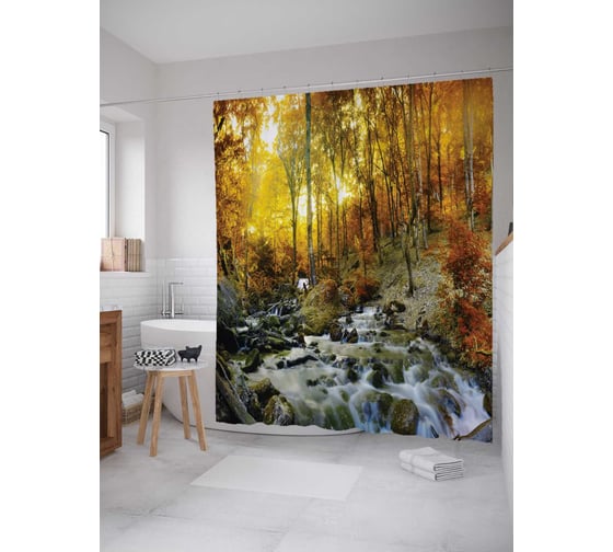 Штора (занавеска) для ванной JoyArty "Каменистая лесная река" из сатена, 180х200 см с крючками, sc_16174 1