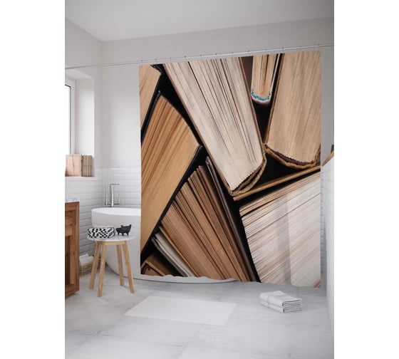 Штора (занавеска) для ванной JoyArty "Книжный бардак" из сатена, 180х200 см с крючками, sc_16363 1