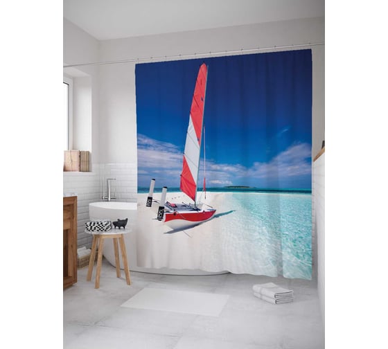 Штора (занавеска) для ванной JoyArty "Парусник на берегу" из сатена, 180х200 см с крючками, sc_11679 1