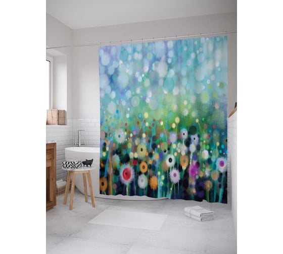 Штора (занавеска) для ванной JoyArty "Одуванчиковый снег" из сатена, 180х200 см с крючками, sc_21134