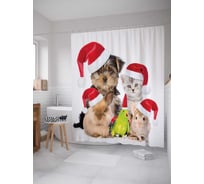 Штора (занавеска) для ванной JoyArty "Новогодние питомцы" из сатена, 180х200 см с крючками, sc_20310