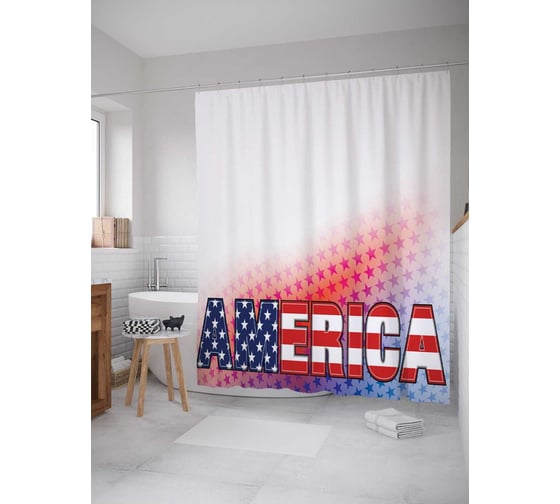 Штора (занавеска) для ванной JoyArty "Американский лейбл" из сатена, 180х200 см с крючками, sc_18422 1