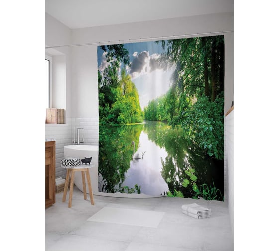 Штора (занавеска) для ванной JoyArty "Лебедь на реке" из сатена, 180х200 см с крючками, sc_18481 1