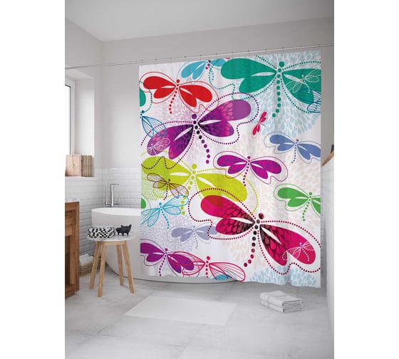 Штора (занавеска) для ванной JoyArty "Красочные крылья стрекоз" из сатена, 180х200 см с крючками, sc_18355 1