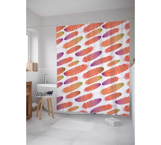 Штора (занавеска) для ванной JoyArty "Течение из перьев" из сатена, 180х200 см с крючками, sc_20211 1