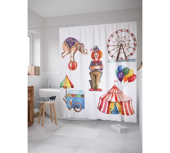 Штора (занавеска) для ванной JoyArty "Цирковые радости" из сатена, 180х200 см с крючками, sc_15460 1