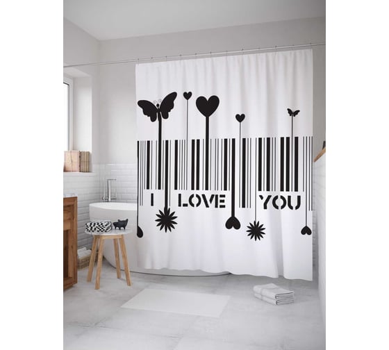 Штора (занавеска) для ванной JoyArty "Любовный штрих код" из сатена, 180х200 см с крючками, sc_2910 1