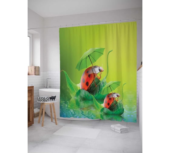 Штора (занавеска) для ванной JoyArty "Забавные божьи коровки" из сатена, 180х200 см с крючками, sc_2628 1