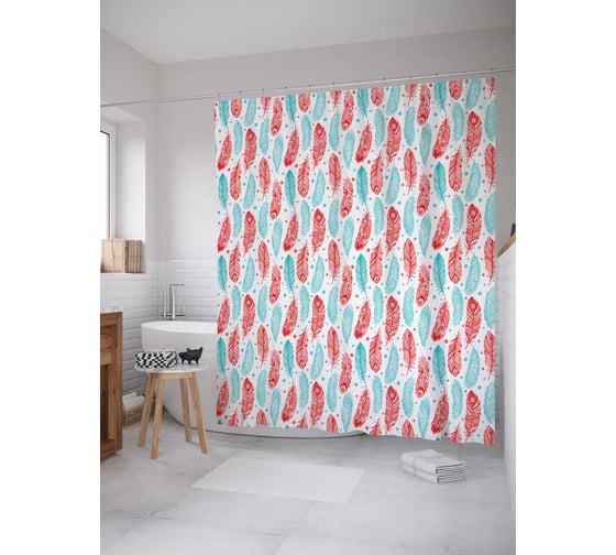 Штора (занавеска) для ванной JoyArty "Перья добра" из сатена, 180х200 см с крючками, sc_26724 1