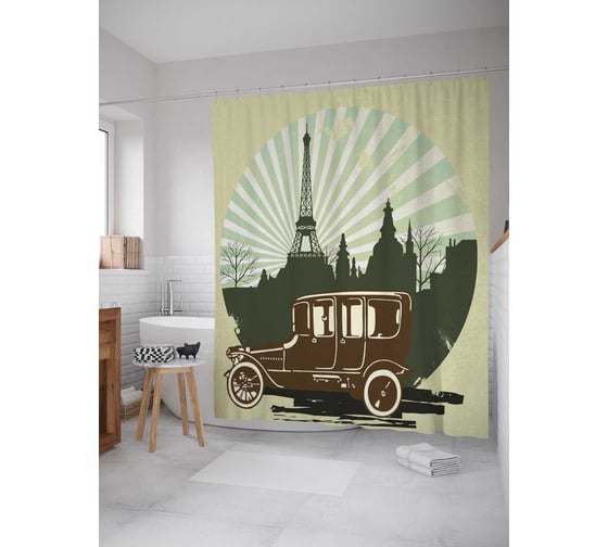 Штора (занавеска) для ванной JoyArty "Парижский транспорт" из сатена, 180х200 см с крючками, sc_17116 1