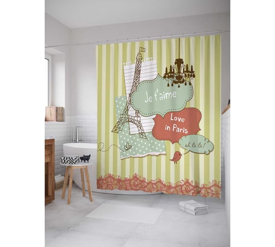 Штора (занавеска) для ванной JoyArty "Любовь и Париж" из сатена, 180х200 см с крючками, sc_15468 1
