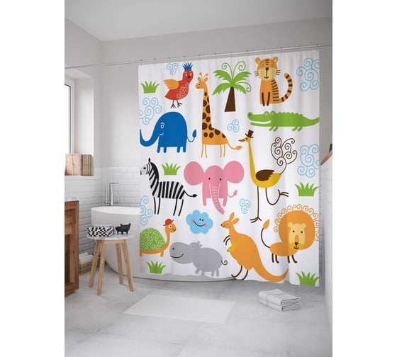 Штора (занавеска) для ванной JoyArty "Милые звери" из сатена, 180х200 см с крючками, sc_25833 1