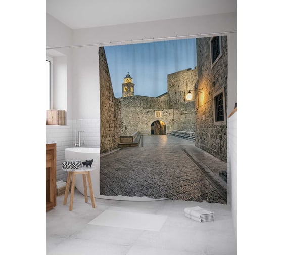 Штора (занавеска) для ванной JoyArty "Замковая площадь" из сатена, 180х200 см с крючками, sc_17250 1