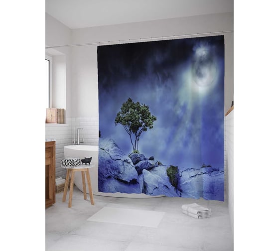 Штора (занавеска) для ванной JoyArty "Лунное дерево" из сатена, 180х200 см с крючками, sc_17225 1