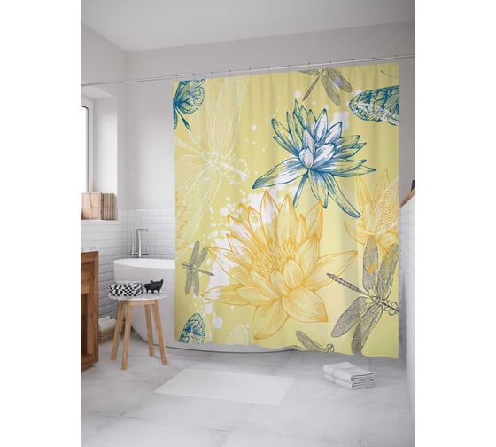 Штора (занавеска) для ванной JoyArty "Весенние стрекозы" из сатена, 180х200 см с крючками, sc_18352 1
