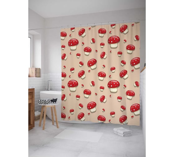 Штора (занавеска) для ванной JoyArty "Грибы с пятнистой шляпкой" из сатена, 180х200 см с крючками, sc_12096 1