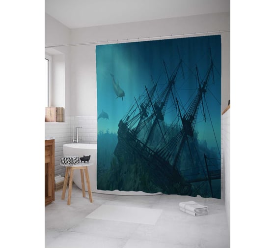 Штора (занавеска) для ванной JoyArty "Затонувший корабль" из сатена, 180х200 см с крючками, sc_17807 1