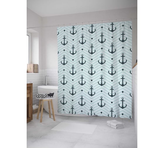Штора (занавеска) для ванной JoyArty "Зигзаги с якорями" из сатена, 180х200 см с крючками, sc_11049 1