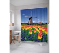 Штора (занавеска) для ванной JoyArty "Ферма с тюльпанами" из сатена, 180х200 см с крючками, sc_18055