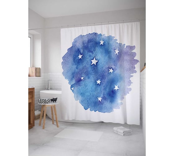 Штора (занавеска) для ванной JoyArty "Облачные звезды" из сатена, 180х200 см с крючками, sc_18404 1