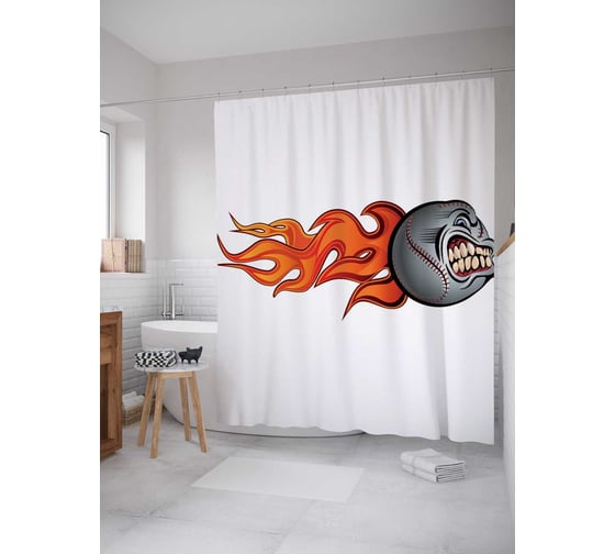 Штора (занавеска) для ванной JoyArty "Бейсбольное пламя" из сатена, 180х200 см с крючками, sc_11450 1
