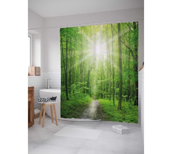 Штора (занавеска) для ванной JoyArty "Зеленый лес" из сатена, 180х200 см с крючками, sc_125591 1