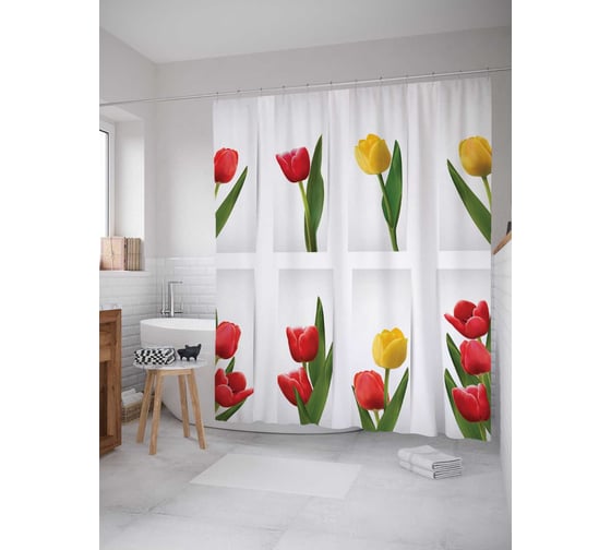 Штора (занавеска) для ванной JoyArty "Цветочный набор" из сатена, 180х200 см с крючками, sc_17758 1