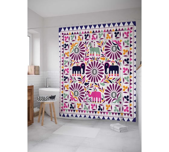 Штора (занавеска) для ванной JoyArty "Индийская история" из сатена, 180х200 см с крючками, sc_2869 1