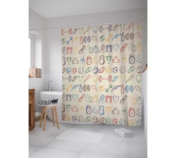 Штора (занавеска) для ванной JoyArty "Спортивные орудия" из сатена, 180х200 см с крючками, sc_17503 1