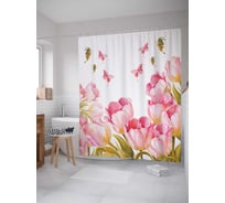 Штора (занавеска) для ванной JoyArty "Бабочки над тюльпанам" из сатена, 180х200 см с крючками, sc_2043