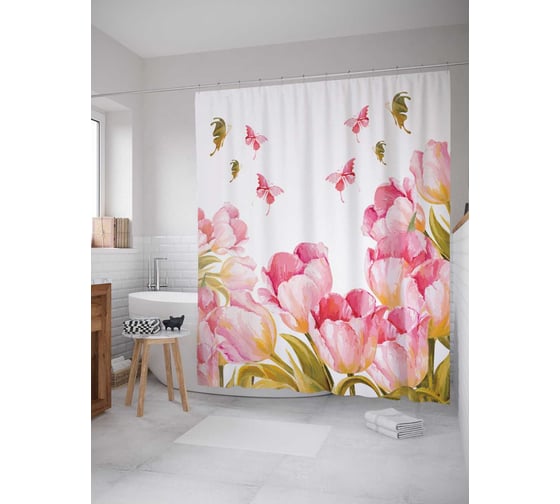 Штора (занавеска) для ванной JoyArty "Бабочки над тюльпанам" из сатена, 180х200 см с крючками, sc_2043 1