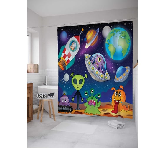 Штора (занавеска) для ванной JoyArty "Веселье на другой планете" из сатена, 180х200 см с крючками, sc_19609 1