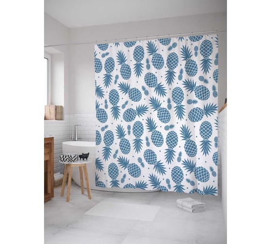 Штора (занавеска) для ванной JoyArty "Узор с ананасами" из сатена, 180х200 см с крючками, sc_16771