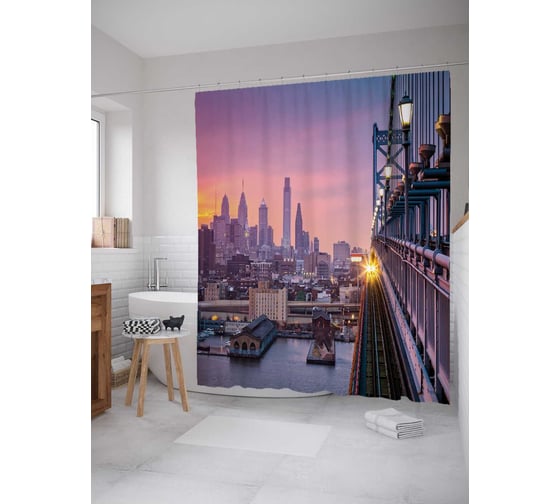 Штора (занавеска) для ванной JoyArty "Вечерний мост" из сатена, 180х200 см с крючками, sc_18417