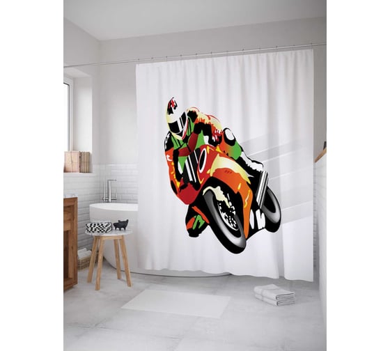 Штора (занавеска) для ванной JoyArty "Яркий мотоциклист" из сатена, 180х200 см с крючками, sc_17778 1