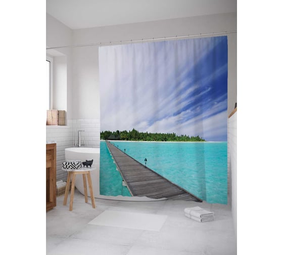 Штора (занавеска) для ванной JoyArty "Путь на остров" из сатена, 180х200 см с крючками, sc_13835