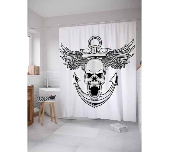 Штора (занавеска) для ванной JoyArty "Якорь с крылатым черепом" из сатена, 180х200 см с крючками, sc_15949 1